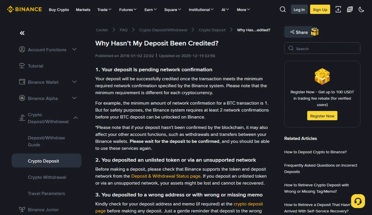 Binance help page titled Why Hasn't My Deposit Been Credited, listing reasons such as pending network confirmation