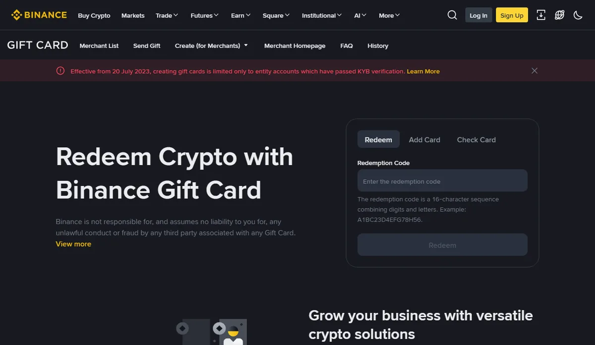 Binance Gift Card page with a Redeem box asking for a 16-character redemption code
