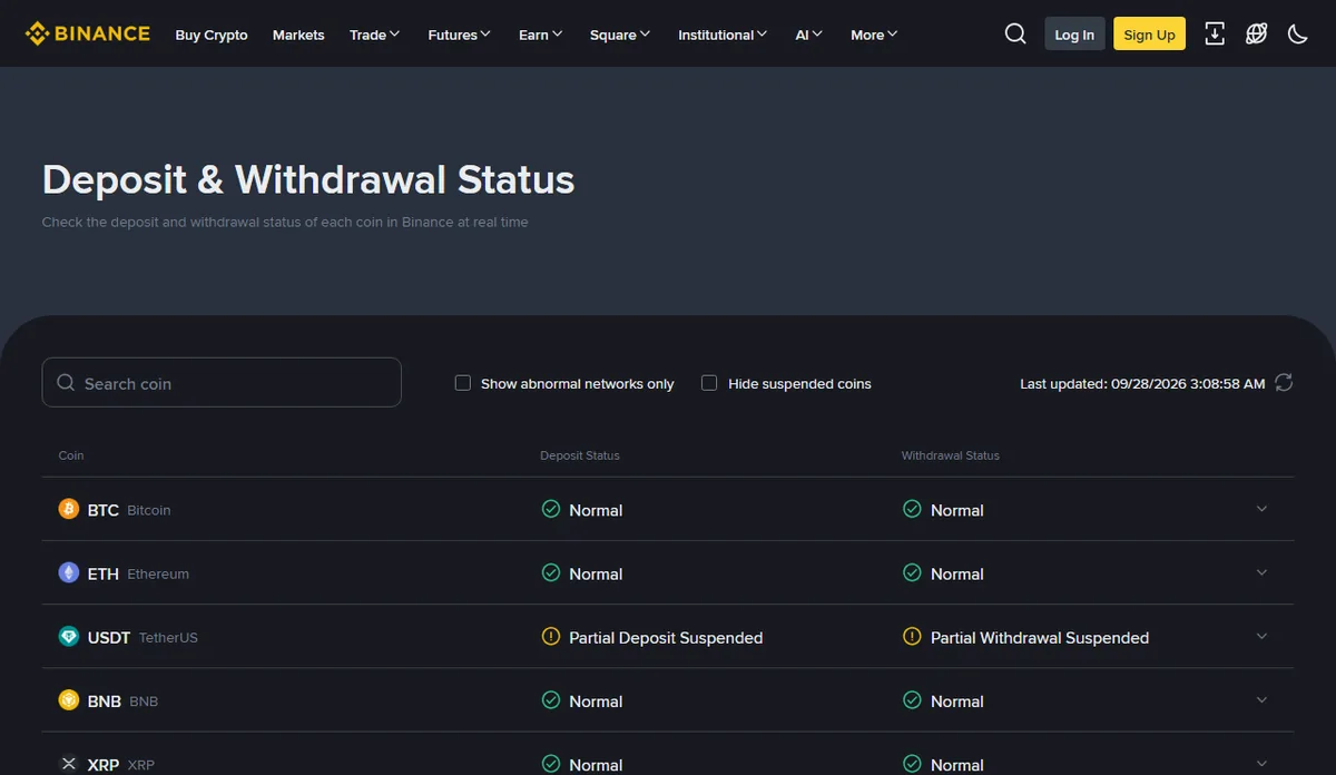 Binance Deposit and Withdrawal Status page with a coin marked Partial Deposit Suspended