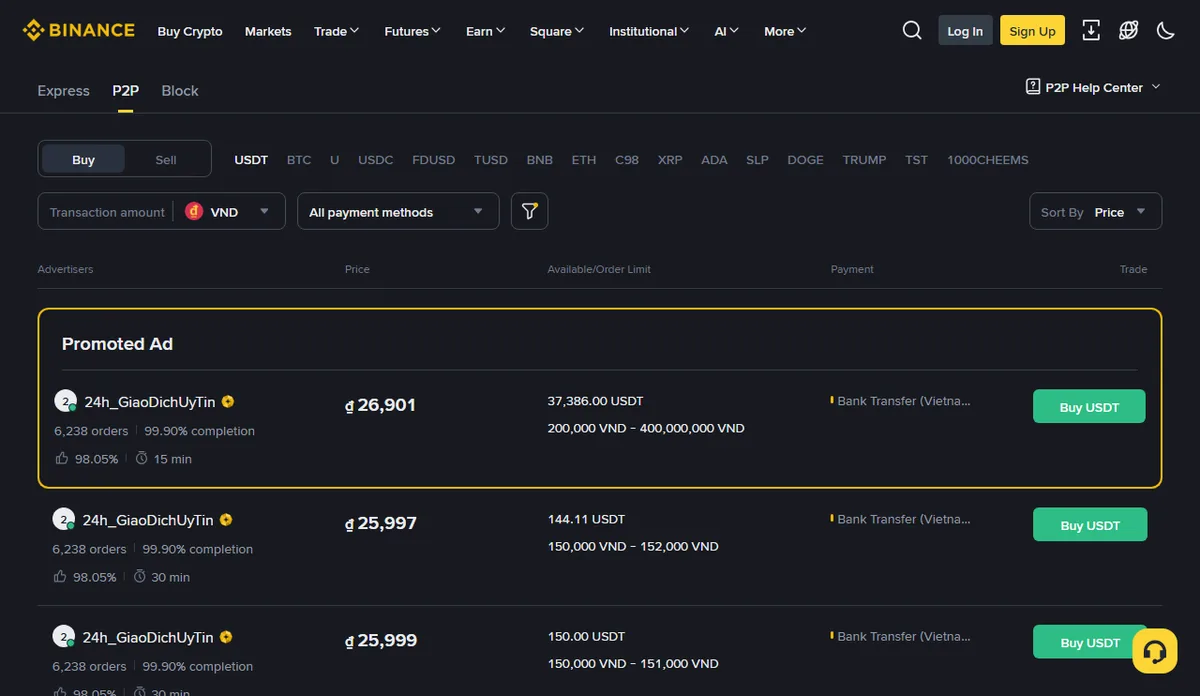 Binance P2P market list showing buyer and seller ads with price, limits and payment methods