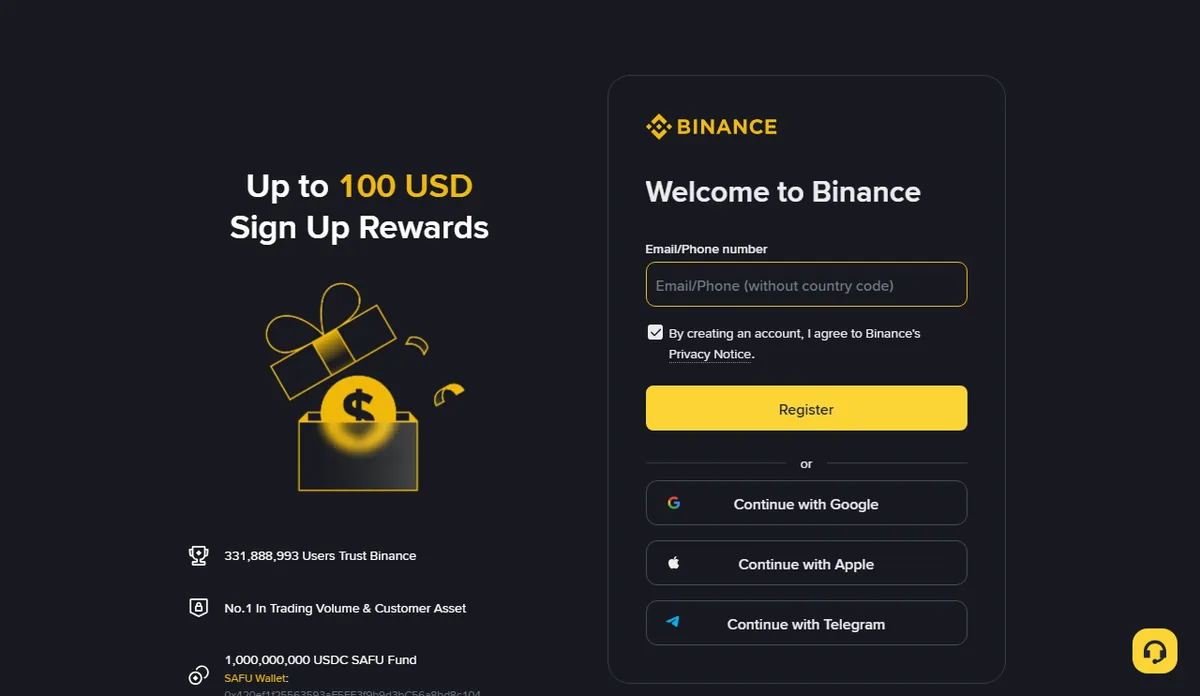 Binance sign-up page with a single Email or Phone number field, a terms checkbox and a Register button