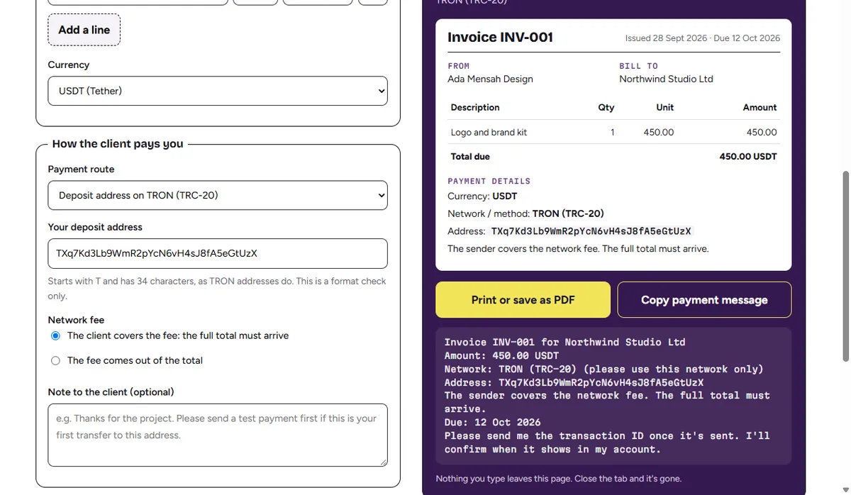 Paylark invoice maker filled in for a 450 USDT logo job on TRON, with the invoice preview and the payment message on the right